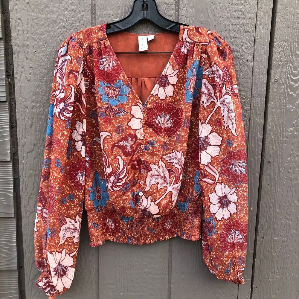 Joie Floral Metallic Smocked Cropped Blouse Rust Orange Womens extra Small